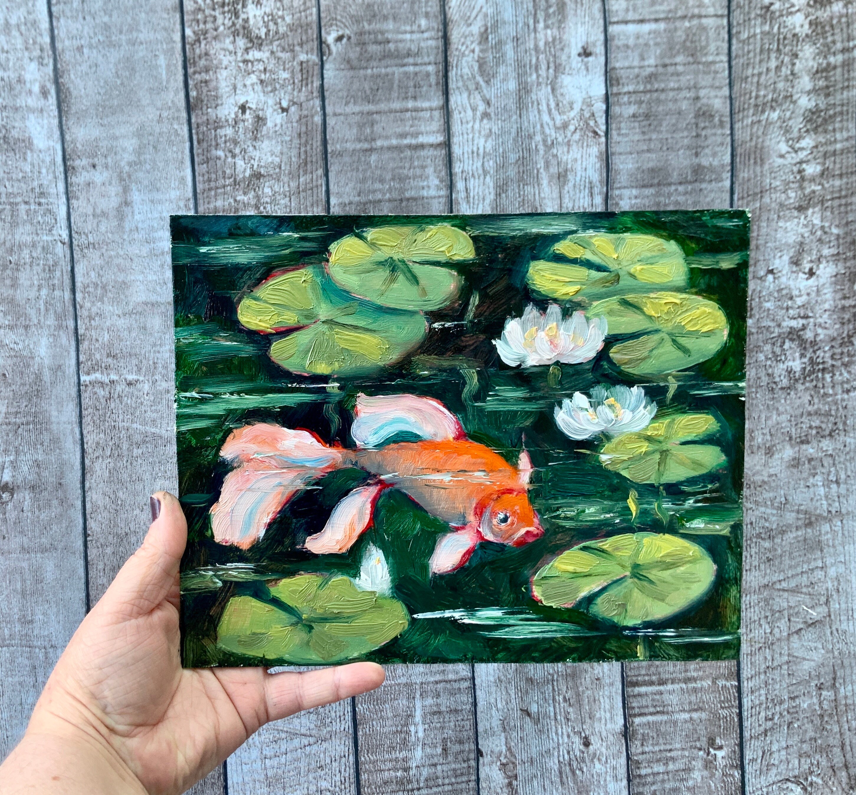 Koi Fish Painting, Water Lilies Pond Original Art, 10x8inch Impasto Oil ...