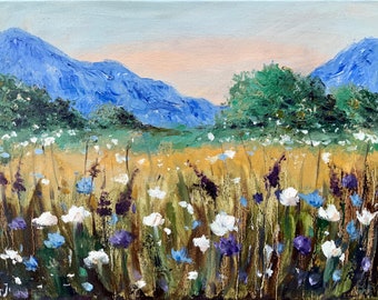 Pintura al óleo original de flores silvestres de las Montañas Rocosas, paisaje de pradera, 30 x 40 cm, de Alexandra Jagoda