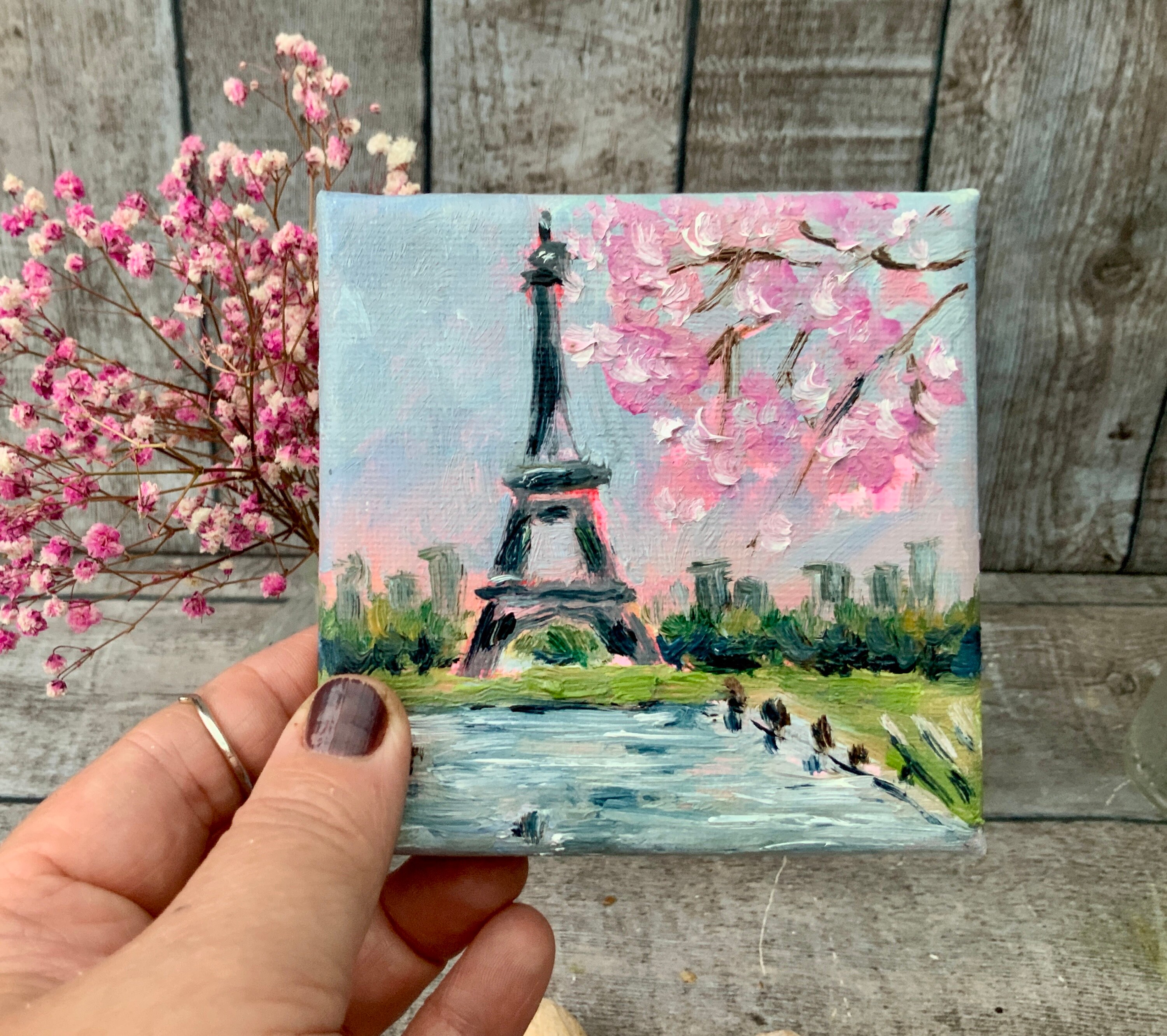 Paris Painting Eiffel Tower Original Art Blossom Trees Artwork Cityscape Painting 4x4 Impasto Oil Painting Seine Art by TheArtOfImpression