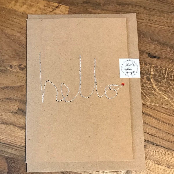 Hello stitched Greetings Card | Kraft recycled | Freemotion machine embroidered lettering | Freehand embroidery | Handmade | hello