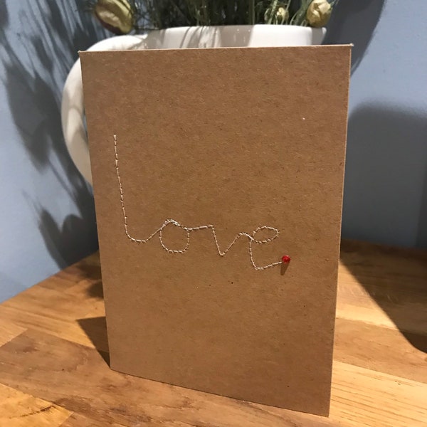 Love stitched Greetings Card | Kraft recycled | Freemotion machine embroidered lettering | Freehand embroidery | Handmade | love