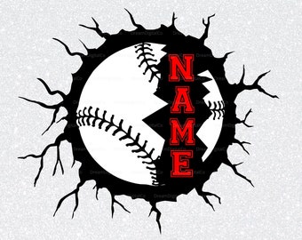 May include: Black and white baseball graphic with the word "NAME" in red letters inside the baseball. The baseball is cracked and broken, with black jagged edges.