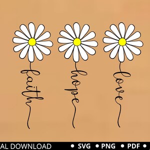 May include: Three white daisy flowers with yellow centers, each with a word written below: "faith", "hope", and "love".
