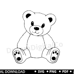 May include: A black and white line drawing of a teddy bear sitting with its paws in front of it.