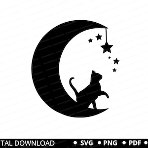 Chat et lune SVG, Svg céleste, chat svg, clipart chat noir, Mandala de la lune, étoiles Png, fichiers Svg pour Cricut, dessins par sublimation de silhouette