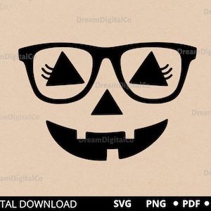 May include: Black and white silhouette of a pumpkin with glasses and a smile. The pumpkin has eyelashes and a triangle nose.