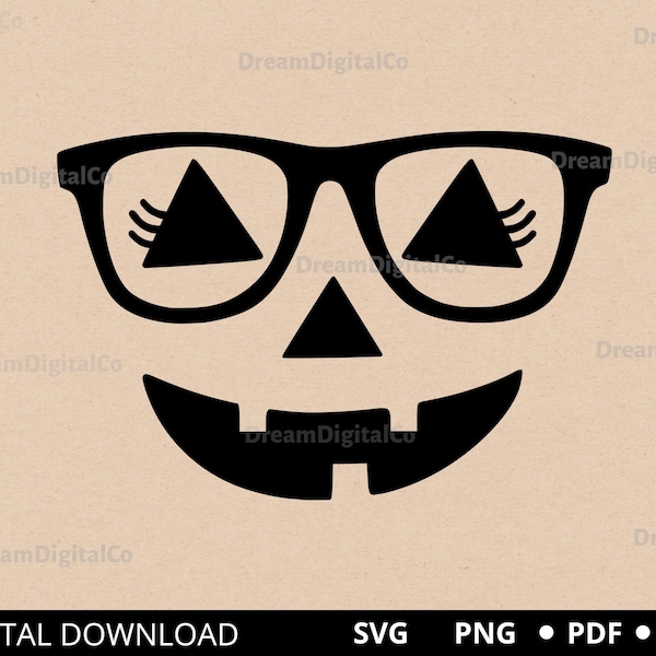 Pumpkin Face Svg, Pumpkin Face with Eyelashes and Glasses Svg, Girl Jack-O-Lantern Face Glasses, Halloween SVG, Vector Cut file Cricut PNG