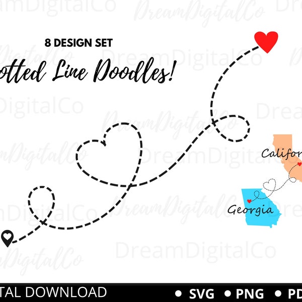 Dotted line svg, Dashed Line Doodles Set 8 design set + pin & heart png, long distance vector, printable clipart for cricut silhouette