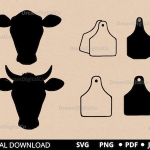 牛タグ、耳タグ svg、耳タグ svg、牛耳タグ svg、牛耳タグ svg、シルエット Cricut 用牛 PNG SVG カット ファイル