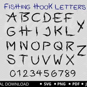 Fuente SVG de pesca con anzuelo, letras PNG de anzuelos, alfabeto de pesca con anzuelo, letras de pesca PNG SVG, archivo de corte para Cricut y Silhouette Clipart