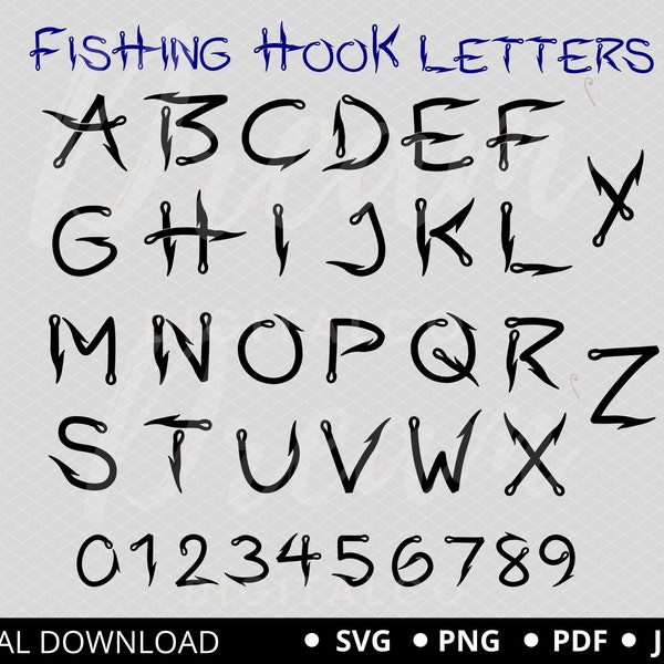 Fish Hook Fishing SVG Font, Fish hooks letters PNG, Hook Fishing Alphabet, Fishing Letters png svg Cut File For Cricut & Silhouette Clipart