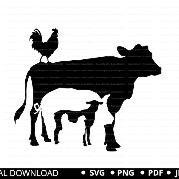 Animali da fattoria SVG, Animali impilati SVG, Fattoria SVG, Pollo SVG, Maiale SVG, Mucca SVG, Clipart di animali da fattoria in fienile, File di taglio SVG PNG della fattoria Cricut