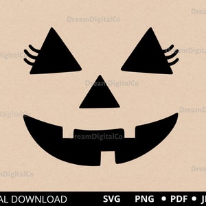 May include: Black and white silhouette of a jack-o'-lantern face with eyelashes, a triangle nose, and a wide smile.