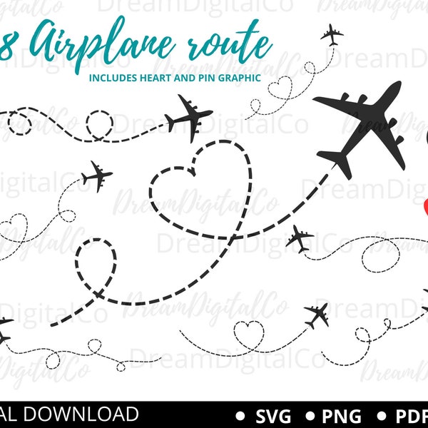 Vliegtuig bundel SVG PNG clipart, reizen SVG, liefde reizen, vakantiereis, huwelijksreis, vliegtuig route hart pad gesneden bestand