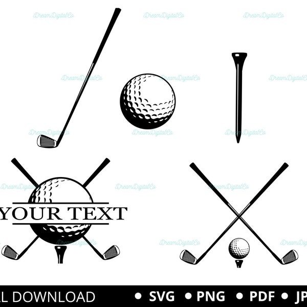 Golf SVG bundel, golfbal SVG, golfclub, golf tee, golfer SVG, golf monogram SVG, split monogram SVG, gesneden bestanden voor Cricut & silhouet