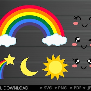 Paquete SVG de arcoíris, arcoíris en capas, arcoíris PNG, clipart de arcoíris, nubes SVG, sol SVG, archivos de corte de arcoíris, archivos de corte de Cricut, silueta