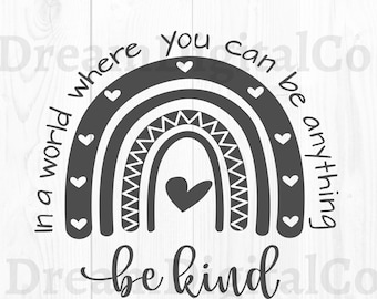 Puede incluir: Un arcoíris con un corazón en el centro y el texto "En un mundo donde puedes ser cualquier cosa, sé amable" en gris.