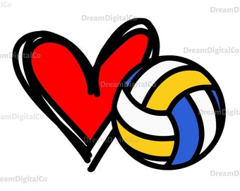 Peut inclure: Un cœur rouge avec un contour noir est dessiné à côté d'un ballon de volley-ball avec des rayures noires, blanches, bleues et jaunes. Le cœur et le ballon de volley-ball se chevauchent.