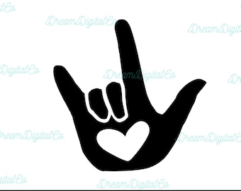 Puede incluir: Silueta negra de una mano haciendo el signo de lenguaje de señas americano para "Te amo". La mano está en forma de puño con el dedo índice y el meñique extendidos. Un corazón blanco está en el centro de la palma.