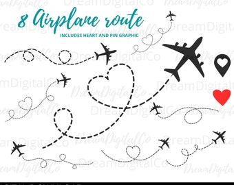 Airplane Bundle SVG PNG clipart, Travel svg, Love travel, vacation trip, honeymoon, Plane Route heart path cut file