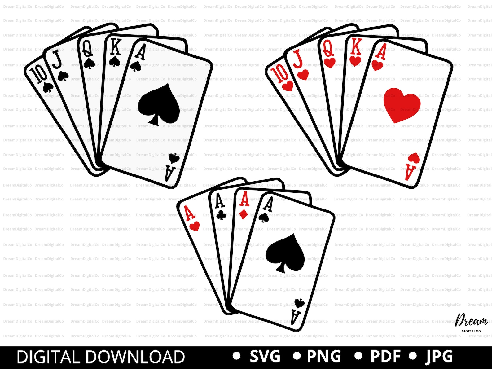 Playing Cards Svg Aces Svg Poker Cards Svg Royal Flush Clip Etsy