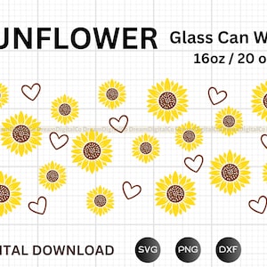16 onças | Lata De Vidro SVG De Girassol De 20oz Embrulhar, Flor, Coração De Amor Svg, Lata De Copo De Café Floral, Copo De Cerveja Svg Png Arquivos Digital Download