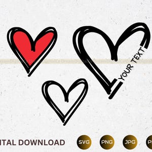 Puede incluir: Tres corazones dibujados a mano, uno rojo, uno negro y uno blanco. El corazón negro tiene el texto "YOUR TEXT" escrito en su interior.