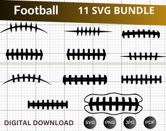 Puede incluir: Un paquete de descarga digital de 11 archivos SVG con diferentes diseños de cordones de fútbol. El texto "Football 11 SVG Bundle" está en la parte superior de la imagen. El texto "DIGITAL DOWNLOAD SVG PNG JPG PDF" está en la parte inferior de la imagen.
