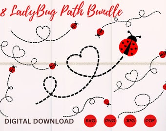 Puede incluir: Un conjunto de ocho archivos de descarga digital que presentan diseños de caminos de mariquitas. Cada diseño incluye una mariquita con alas rojas y manchas negras, y un camino punteado negro que forma una forma de corazón. El texto "8 LadyBug Path Bundle" y "DIGITAL DOWNLOAD" se incluye en la imagen.