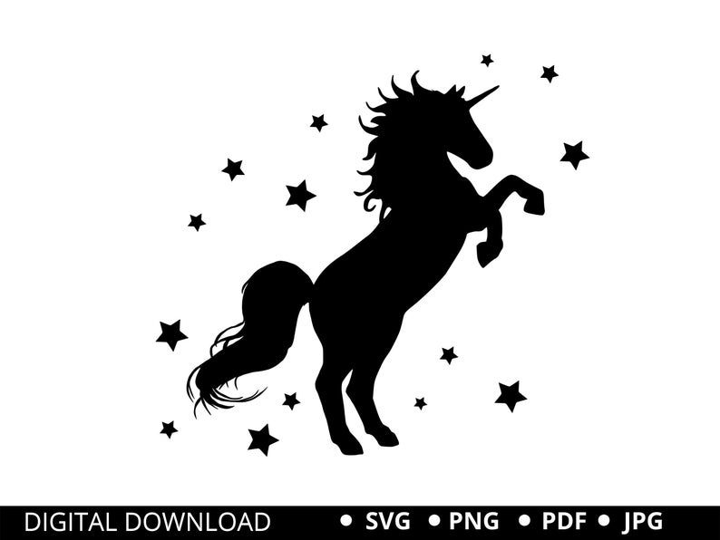 Puede incluir: Silueta negra de un unicornio con un cuerno y una melena, de pie sobre sus patas traseras con las patas delanteras levantadas. El unicornio est&aacute; rodeado de peque&ntilde;as estrellas.