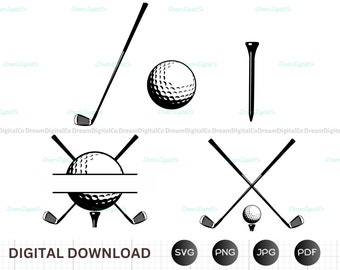May include: A black and white digital download design featuring a golf ball and two crossed golf clubs. The design is perfect for creating personalized gifts or home decor.