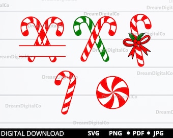 May include: A set of five Christmas-themed SVG cut files featuring candy canes and a peppermint swirl. The candy canes are red and white with green accents. The peppermint swirl is red and white.
