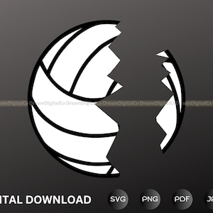 Puede incluir: Una ilustración en blanco y negro de un balón de voleibol con una grieta. El balón de voleibol está dividido en dos, una mitad mostrando las costuras y la otra mitad mostrando un contorno negro.