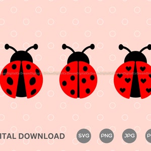 May include: Three red and black ladybug illustrations with different patterns. The first ladybug has black dots, the second has white dots, and the third has red hearts.