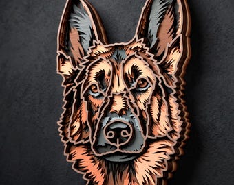 German Shepherd multilayer SVG. Laser cut file. Layer construction. Plywood cutting. CNC. Mandala plywood