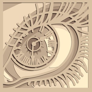 Puede incluir: Un diseño intrincado de corte láser de un ojo con una esfera de reloj en su interior. El ojo está rodeado de un patrón decorativo de líneas y remolinos, en tonos beige y marrón.