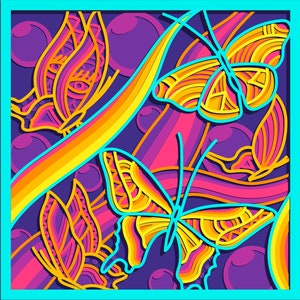 Puede incluir: Un diseño digital con cuatro mariposas coloridas con patrones intrincados. Las mariposas están superpuestas en un estilo 3D, creando una sensación de profundidad y dimensión. El diseño está sobre un fondo de remolinos morados y rosados.