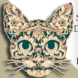 SVG multicouche chat 3D/ Fichier de coupe chat/ calque 3D/ Découpe de contreplaqué/ Découpe de papier/ Fichier SVG/ Contreplaqué de mandala 3D