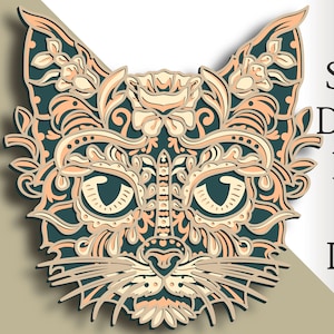 SVG multicouche chat 3D/ Fichier de coupe chat/ calque 3D/ Découpe de contreplaqué/ Découpe de papier/ Fichier SVG/ Contreplaqué de mandala 3D