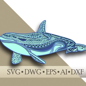 Baleine 3D multicouche SVG/ Fichier de coupe Baleine/ Couche 3D/ Découpe de contreplaqué/ Découpe de papier/ Fichier SVG/ Contreplaqué de mandala 3D