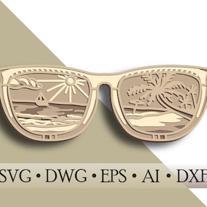 Könnte beinhalten: Eine Sonnenbrille mit einer Strandlandschaft, die in den Gläsern reflektiert wird. Das linke Glas zeigt ein Segelboot auf dem Meer mit Sonne und Wolken. Das rechte Glas zeigt eine Palme an einem Strand.