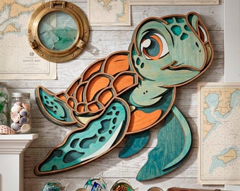 May include: A large, wooden sea turtle wall art piece in shades of teal, orange, and brown. The turtle is layered for a 3D effect and has a cartoonish design. The background includes nautical maps, a brass porthole, and glass decorative items.
