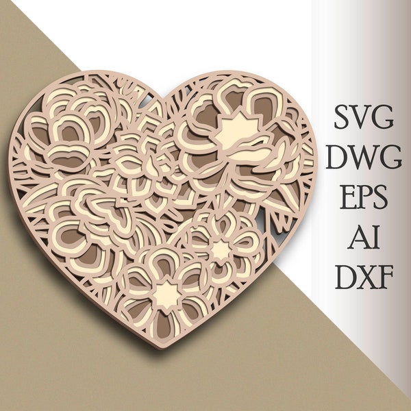 Heart Flower multilayer SVG/ Heart Flower cut file/ 3D layer/ Plywood cutting/ Paper cutting/ SVG file/ 3D mandala plywood
