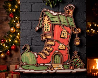 Archivo de corte láser 3D en capas SVG de la casa de Papá Noel navideña, pueblo invernal brillante, Cricut