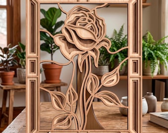 3D Rose multilayer SVG. Laser cut file. Layer construction. Plywood cutting. CNC. Mandala plywood