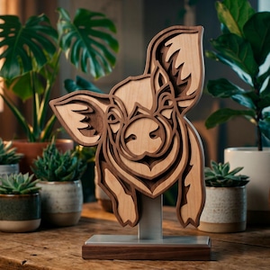 May include: A layered wooden pig sculpture with a light brown and dark brown color scheme. The pig is mounted on a metal stand with a wooden base. The sculpture is displayed on a wooden table with potted plants in the background.