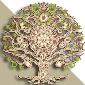 Könnte beinhalten: Ein kompliziertes Baumdesign in Braun und Grün mit Zahnrädern und Zahnrädern, das an einen Steampunk-Lebensbaum erinnert.