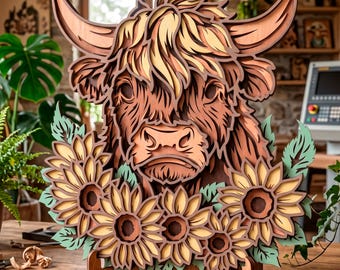 Highland Cow multilayer SVG. Laser cut file. Layer construction. Plywood cutting. CNC. Mandala plywood