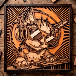 DJ Cat multilayer SVG. Laser cut file. Layer construction. Plywood cutting. CNC. Mandala