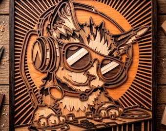 May include: Wooden layered art piece featuring a cat wearing headphones and sunglasses, DJing. The cat is set against an orange background with radiating lines, all within a dark wooden frame. The artwork is a unique, handcrafted piece.